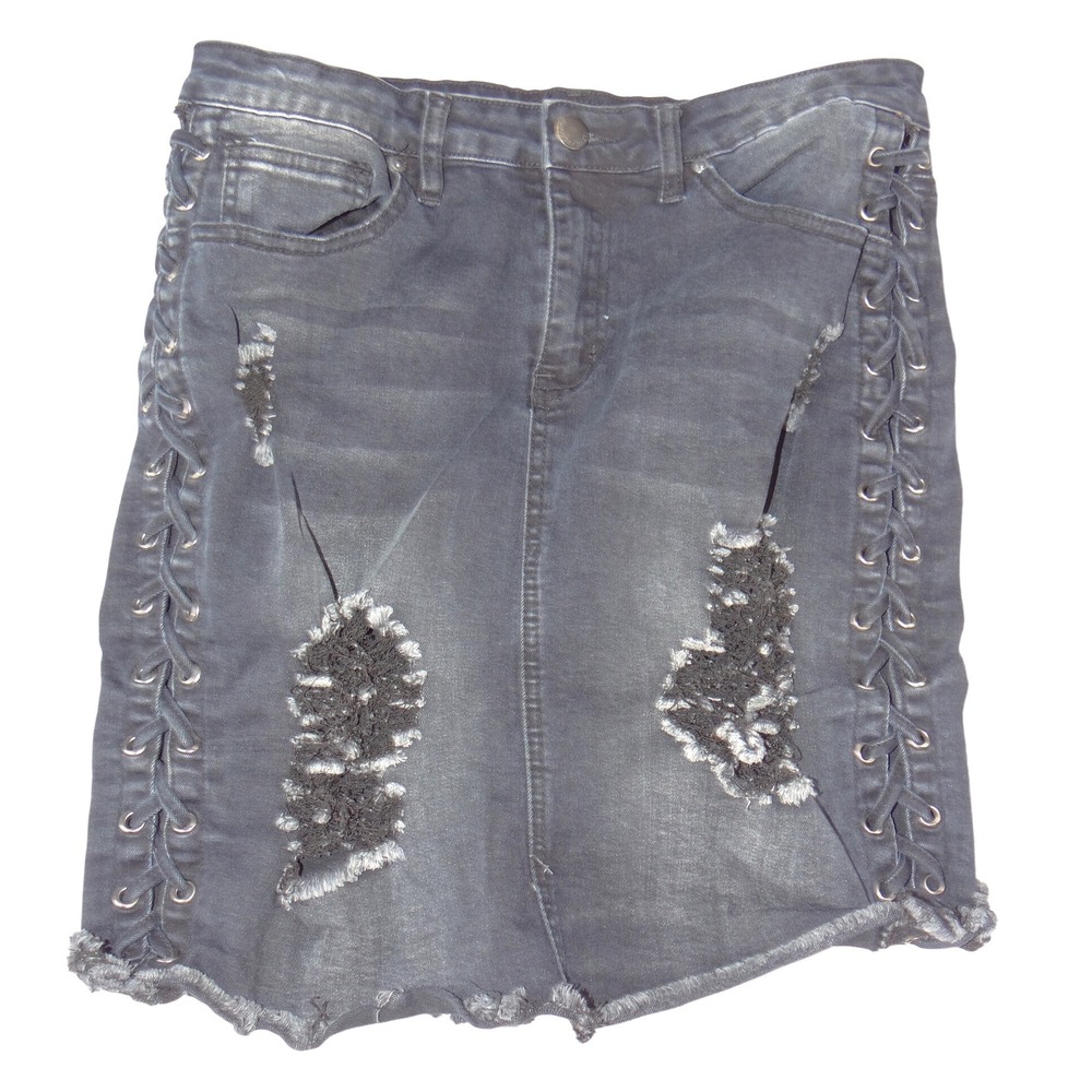 American Bazi Black Distressed Lace Up Denim Mini Skirt Womens Large